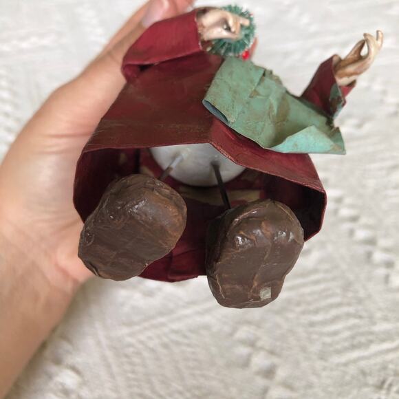 Vintage 1960s Paper Mache Caroler Girl Ornament w Bell & Bottle Brush Tree - Picture 8 of 9